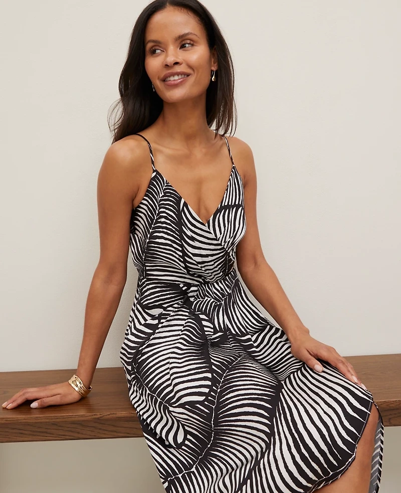 Ann Taylor Satin Strappy Sheath Dress Palm Print Black Women's