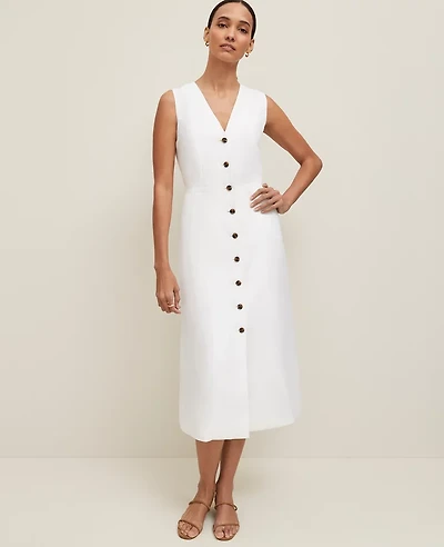 Ann Taylor Petite Linen Blend V-Neck Shirtdress White Women's