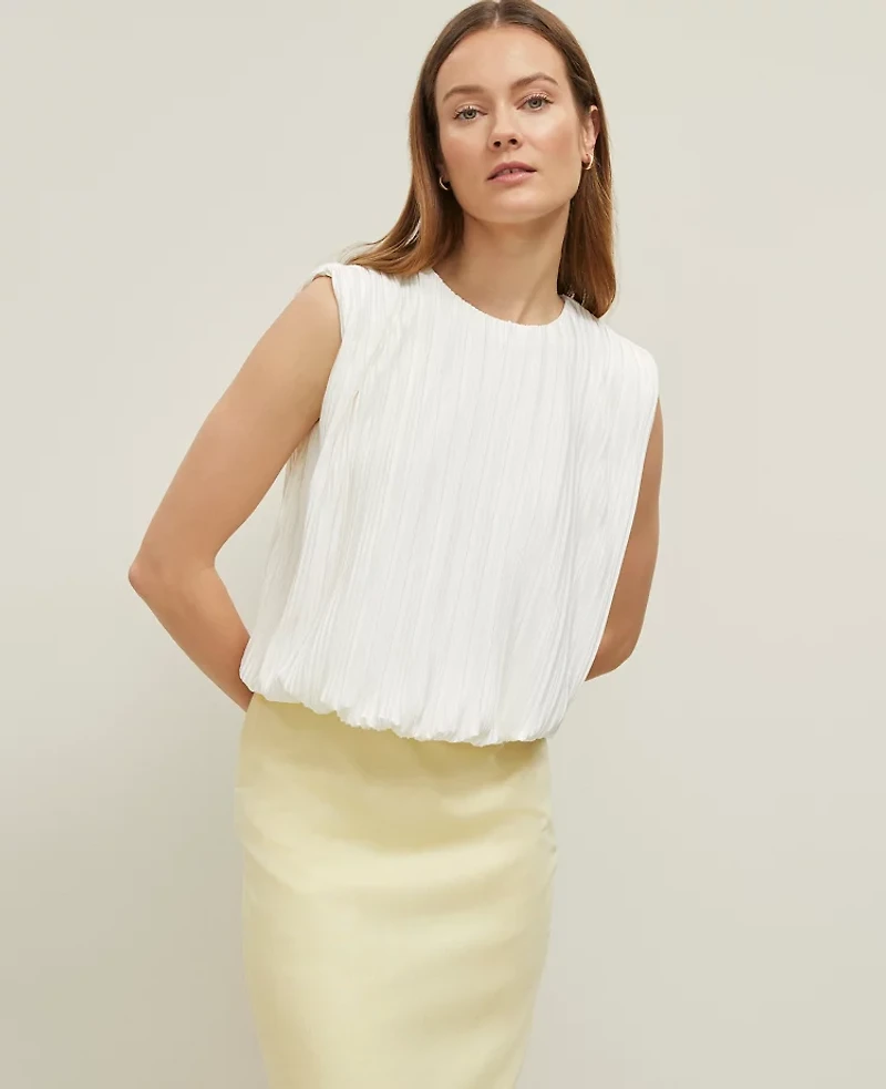 Ann Taylor Petite Pleated Bubble Hem Top Winter White Women's
