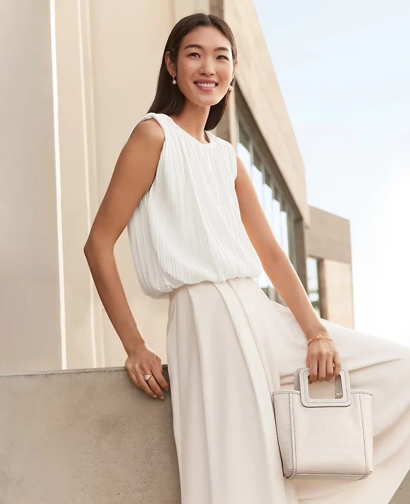 Ann Taylor Petite Pleated Bubble Hem Top Winter White Women's