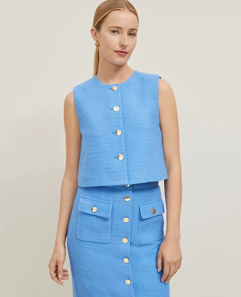 Ann Taylor Petite Tweed Cropped Vest Maritime Blue Women's