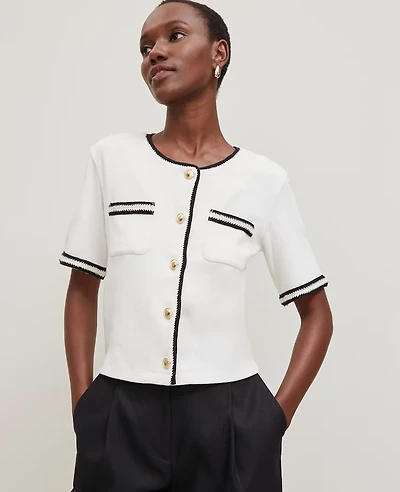 Ann Taylor Petite Crochet Trim Knit Jacket Winter White Women's