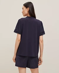 Ann Taylor Petite Lace Trim Mixed Media Top Size Medium Night Sky Women's