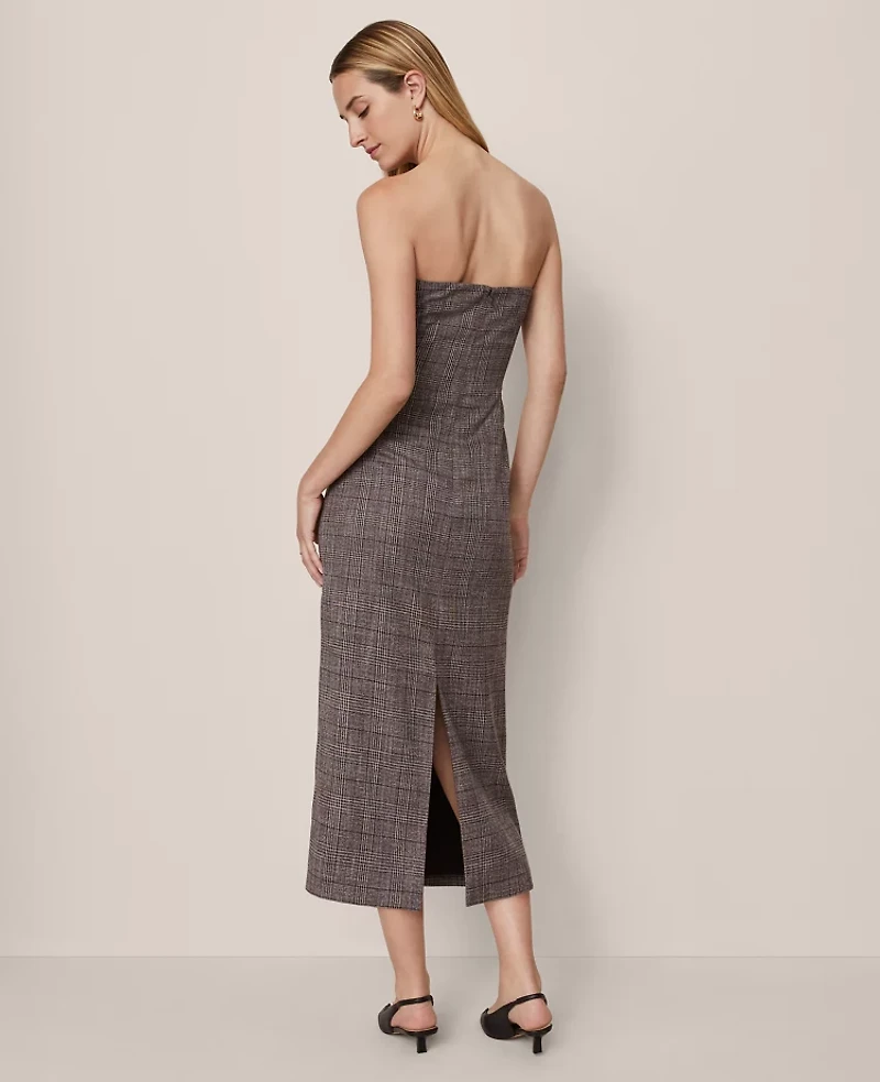 Ann Taylor Gathered Strapless Midi Dress Plaid Black/Brown Multi Women's