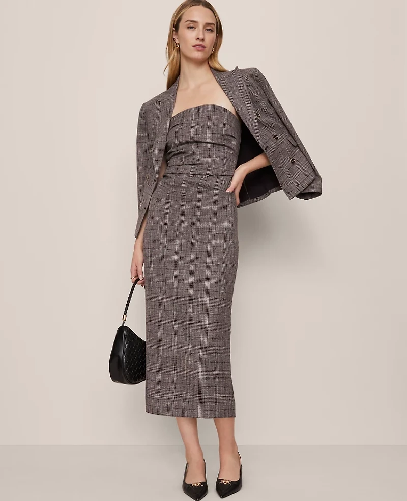Ann Taylor Gathered Strapless Midi Dress Plaid Black/Brown Multi Women's
