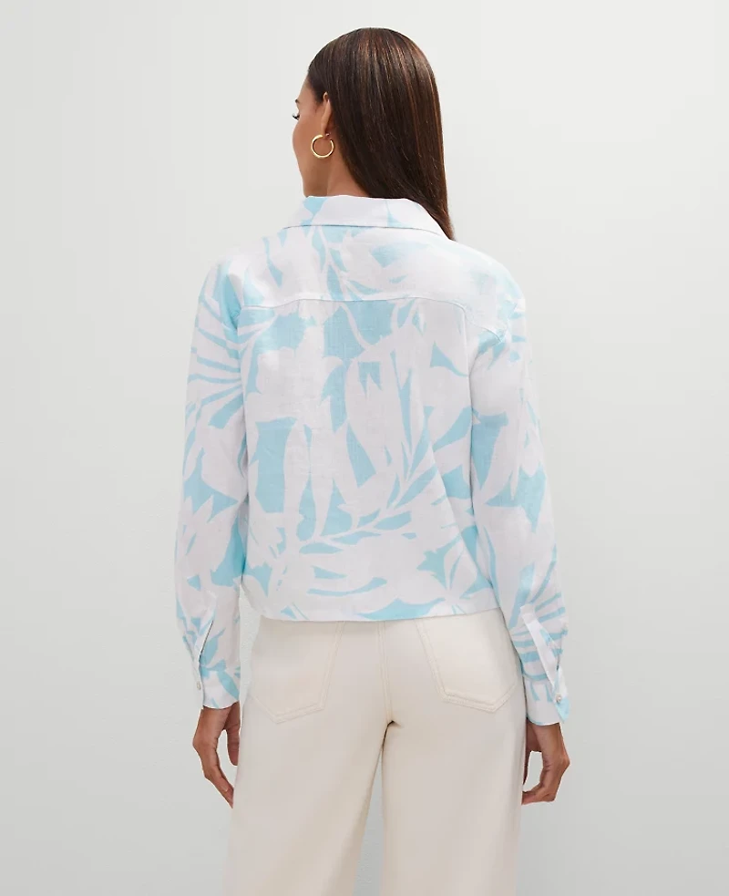 Ann Taylor Cropped Linen Shirt White-Gulf Stream Blue Women's