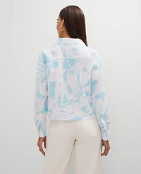 Ann Taylor Cropped Linen Shirt White-Gulf Stream Blue Women's