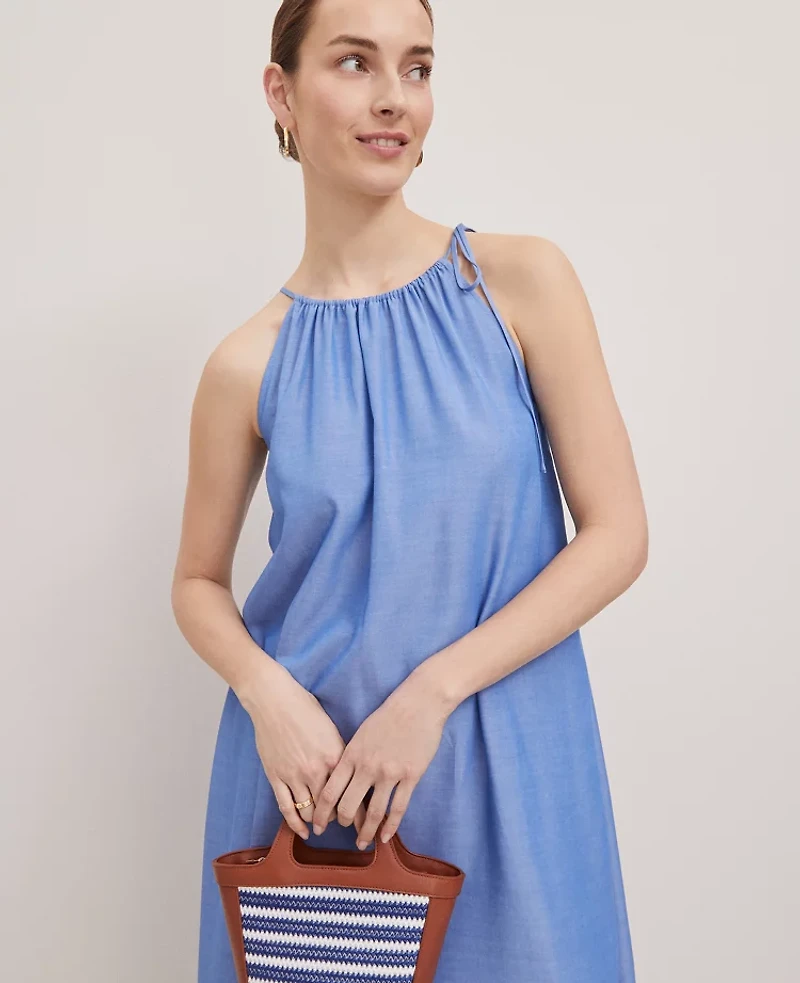 Ann Taylor Petite Weekend Collection Chambray Halter Maxi Dress Blue Yonder Women's