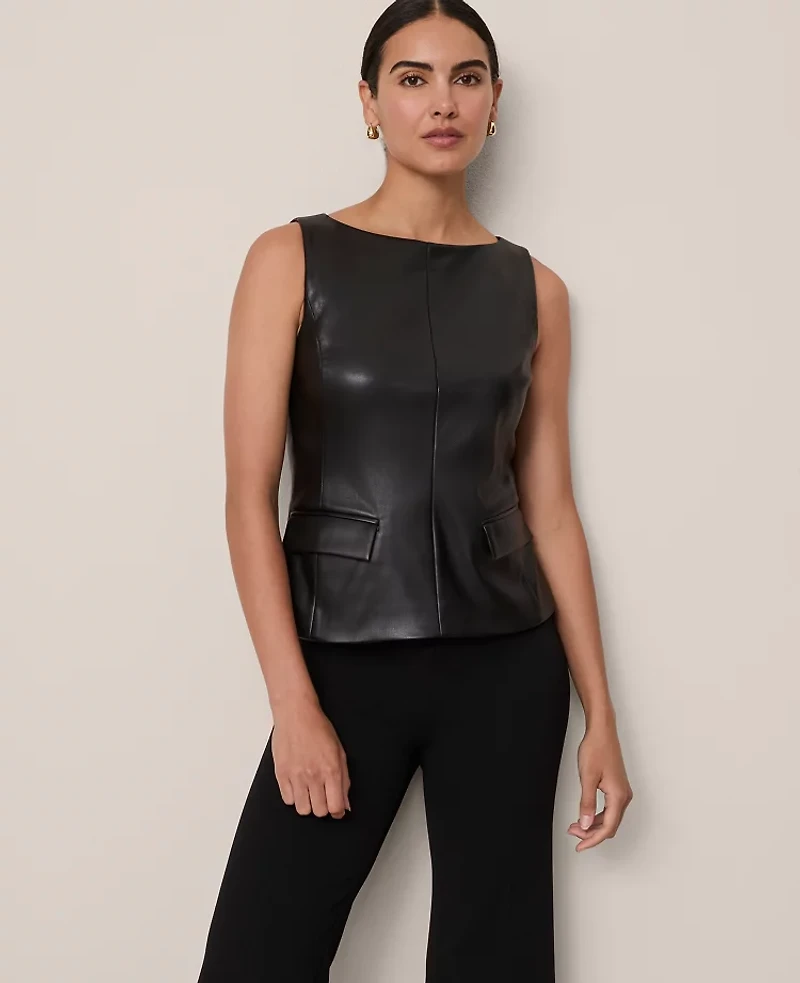 Ann Taylor Faux Leather Shell Top Black Women's