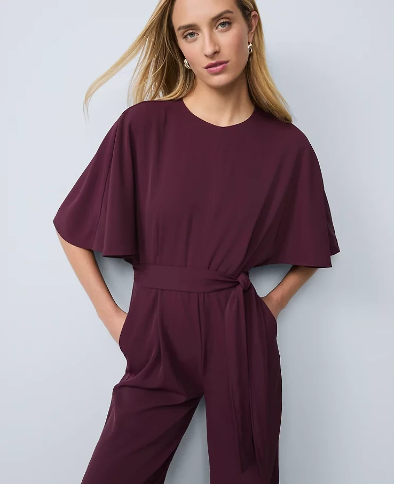 Ann Taylor Belted Crew Neck Jumpsuit Poised Plum Women's