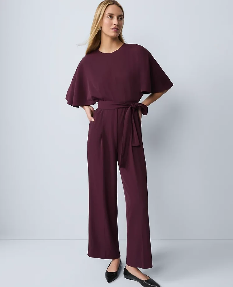 Ann Taylor Belted Crew Neck Jumpsuit Poised Plum Women's