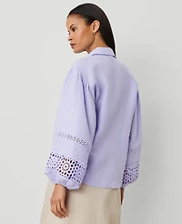 Ann Taylor Petite Embroidered Linen Puff Sleeve Blouse Lilac Bud Women's