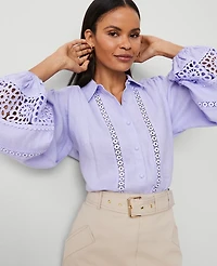 Ann Taylor Petite Embroidered Linen Puff Sleeve Blouse Lilac Bud Women's