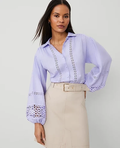 Ann Taylor Petite Embroidered Linen Puff Sleeve Blouse Lilac Bud Women's