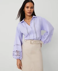 Ann Taylor Petite Embroidered Linen Puff Sleeve Blouse Lilac Bud Women's