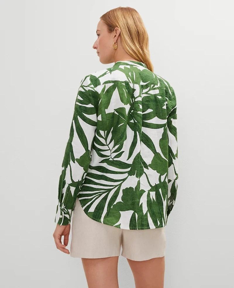 Ann Taylor Floral Linen Perfect Shirt Leafy Green Women's