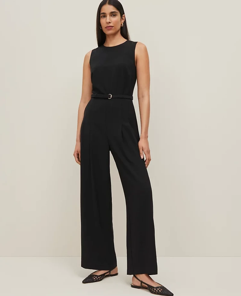 Ann Taylor Belted Crew Neck Jumpsuit Black Women's