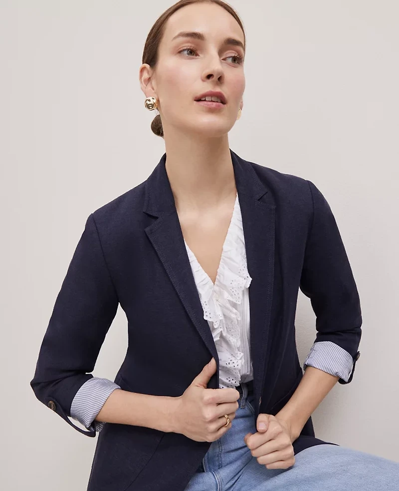 Ann Taylor Petite Weekend Collection Roll Sleeve Linen Blend Blazer Night Sky Women's