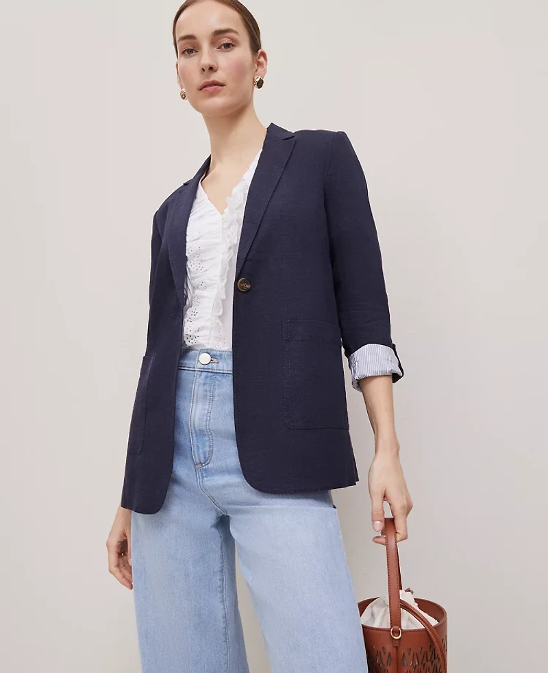 Ann Taylor Petite Weekend Collection Roll Sleeve Linen Blend Blazer Night Sky Women's