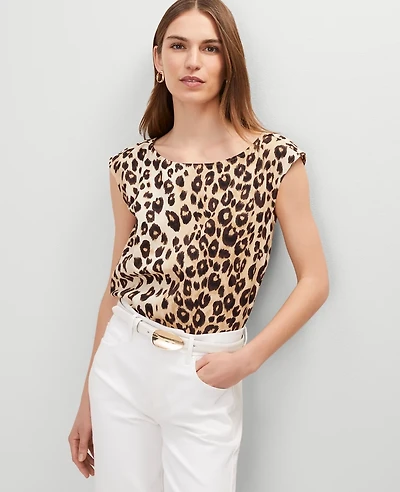 Ann Taylor Animal Print Linen Blend Top _Black Women's