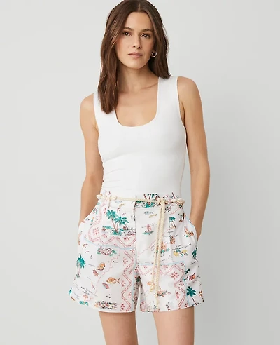 Ann Taylor Petite Map Print Belted Short Size 00 Burnt Mauve Women's