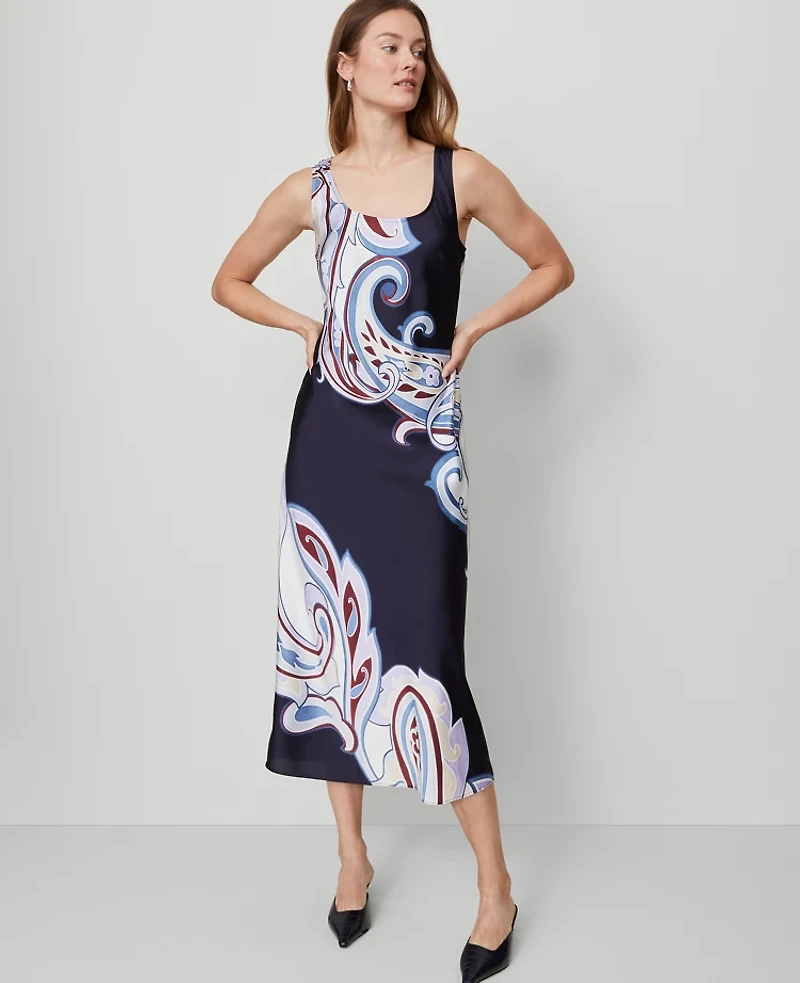Ann Taylor Paisley Satin Slip Dress Night Sky Women's