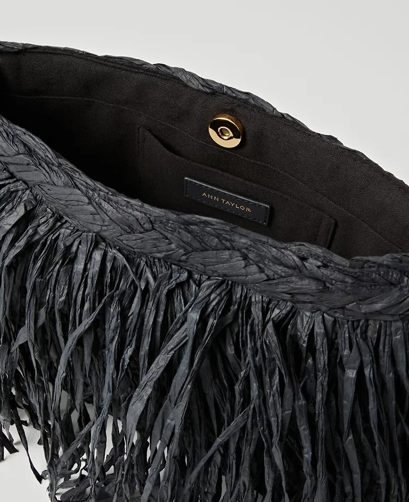 Ann Taylor Raffia Fringe Clutch Handbag Black Women's