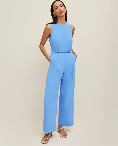 Ann Taylor Belted Crew Neck Jumpsuit Size 14 Maritime Blue Women's