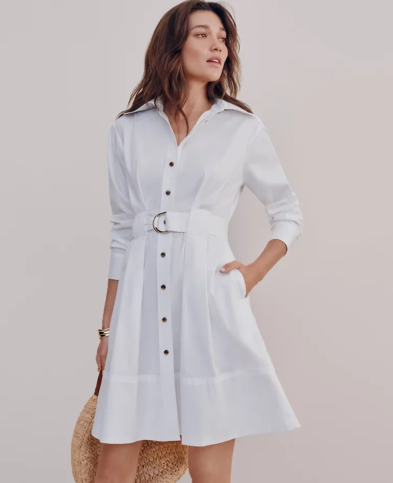 Ann Taylor Petite Flare Pocket Shirtdress Size 8 White Women's