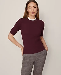 Ann Taylor Ruffle Neck Ribbed Sweater Size Small Poised Plum Women's