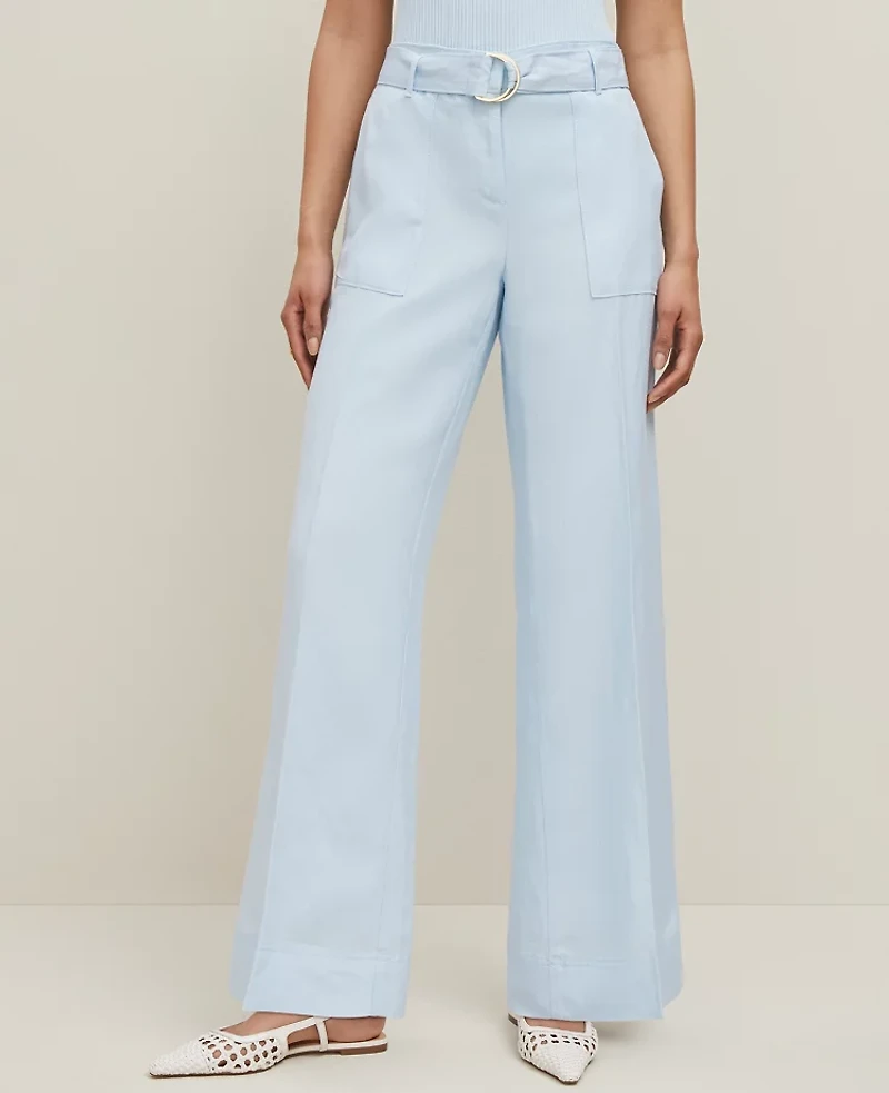Ann Taylor The Petite Belted Wide-Leg Pant in Linen Blend — Curvy Fit Size 0 Zephyr Blue Women's