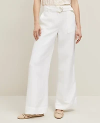 Ann Taylor The Petite Belted Wide-Leg Pant Linen Blend — Curvy Fit White Women's
