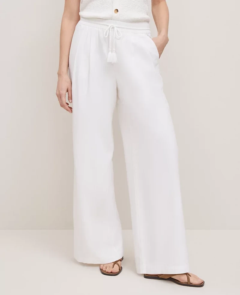 Ann Taylor Petite Weekend Collection Pull On Wide-Leg Pant Linen Blend White Women's