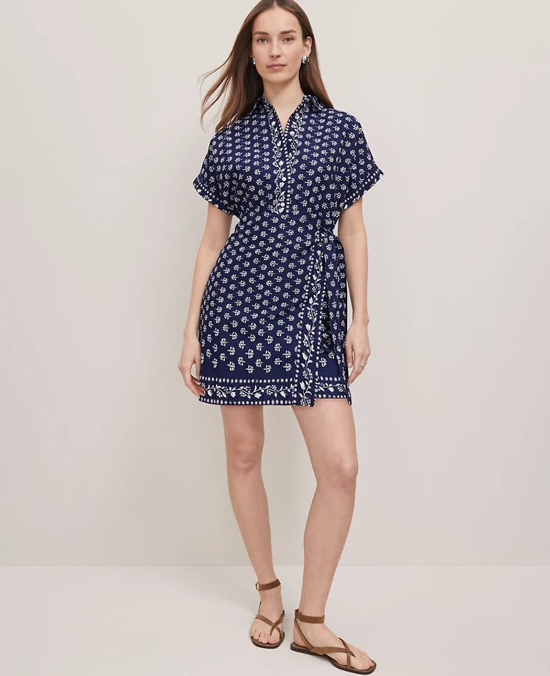 Ann Taylor Petite Weekend Collection Petaled Wrap Shirtdress Size 00 Blue Women's