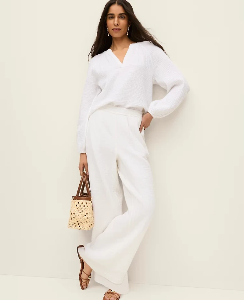 Ann Taylor The Petite Pull-On Wide-Leg Pant Triple Cloth White Women's