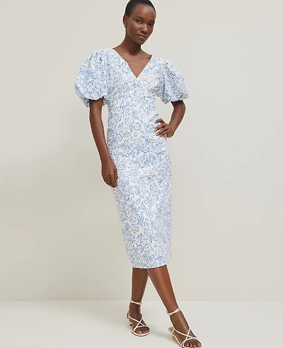Ann Taylor Petite Floral Linen Blend Puff Sleeve Sheath Dress White Women's