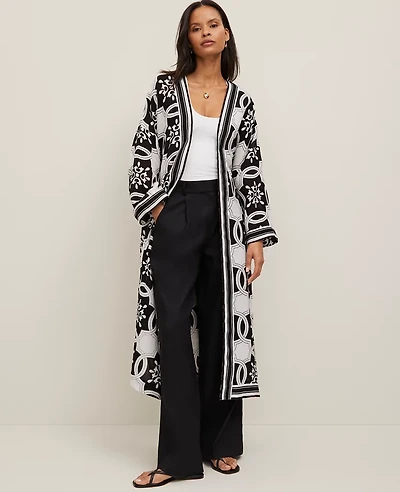Ann Taylor Tiled Long Belted Kimono Size XS/S Black Women's