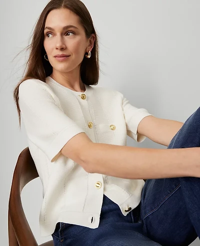 Ann Taylor Textured Stitch Cardigan Size Medium Winter White Women's