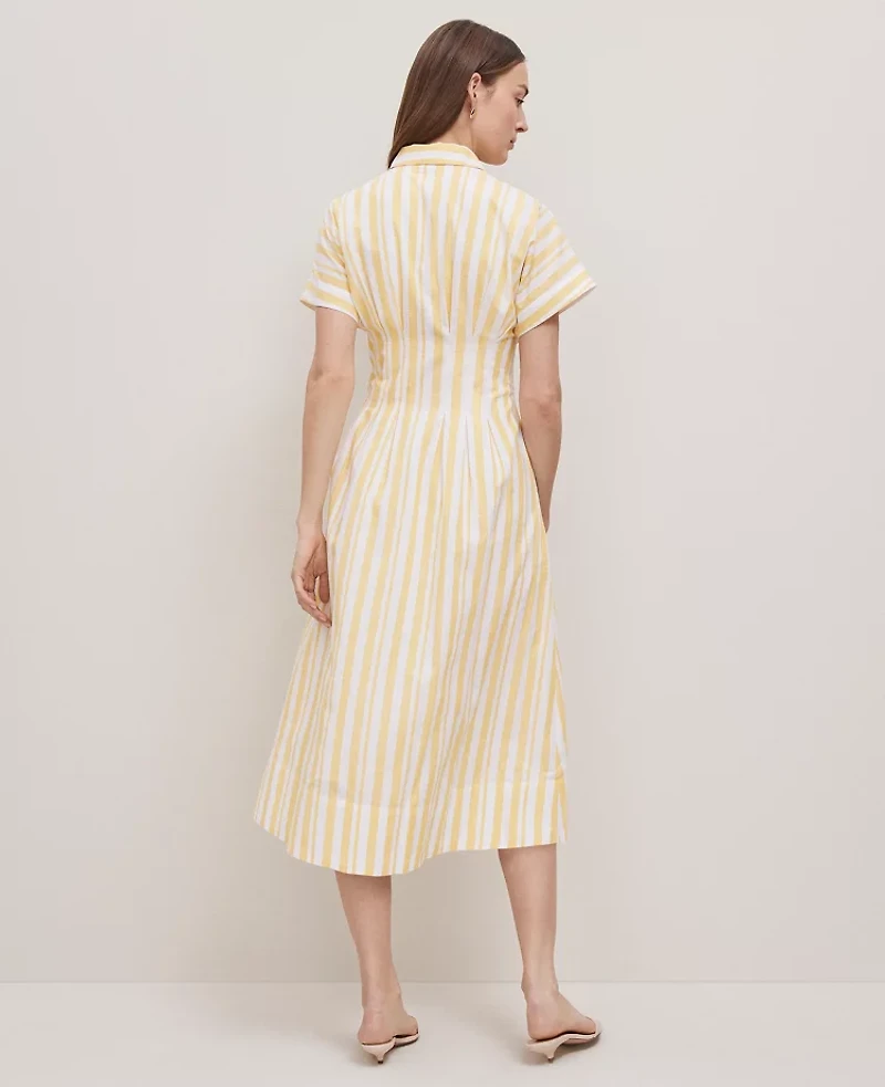 Ann Taylor Weekend Collection Striped Pleated Midi Pocket Shirtdress Size 4 Mimosa Women's
