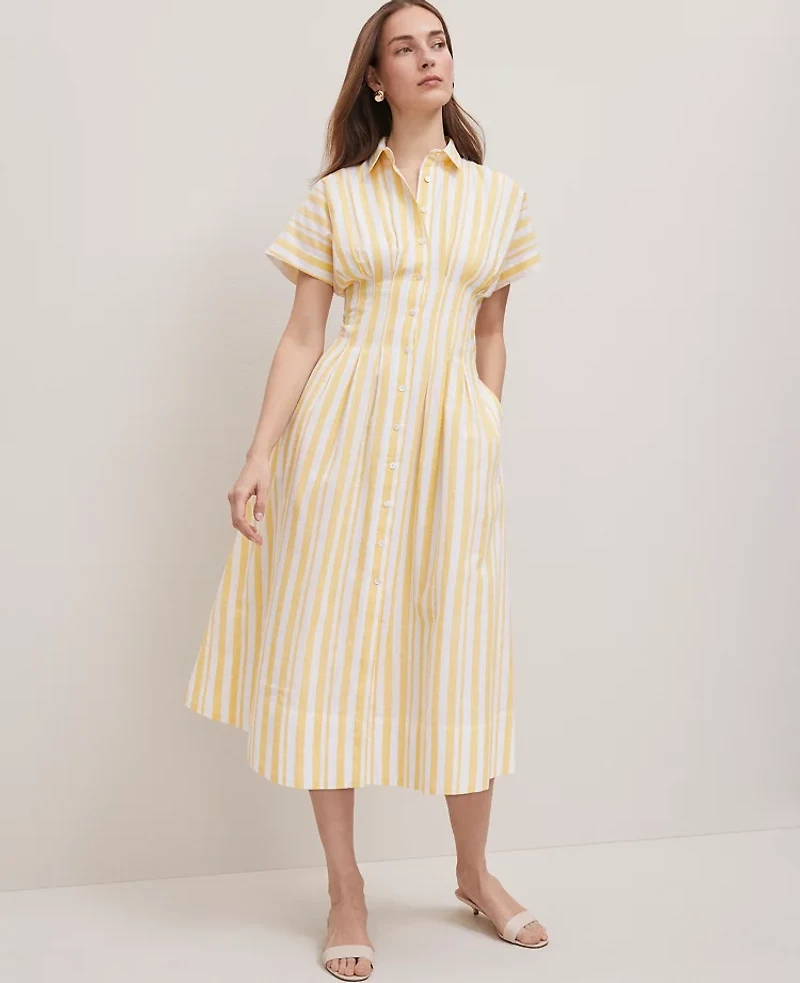 Ann Taylor Weekend Collection Striped Pleated Midi Pocket Shirtdress Size 4 Mimosa Women's