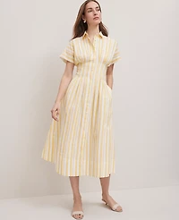 Ann Taylor Weekend Collection Striped Pleated Midi Pocket Shirtdress Size 4 Mimosa Women's