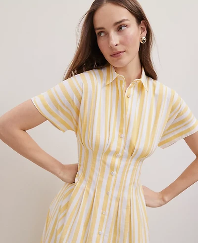 Ann Taylor Weekend Collection Striped Pleated Midi Pocket Shirtdress Size 2 Mimosa Women's