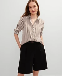 Ann Taylor Petite Striped Relaxed Perfect Shirt Pecan Women's