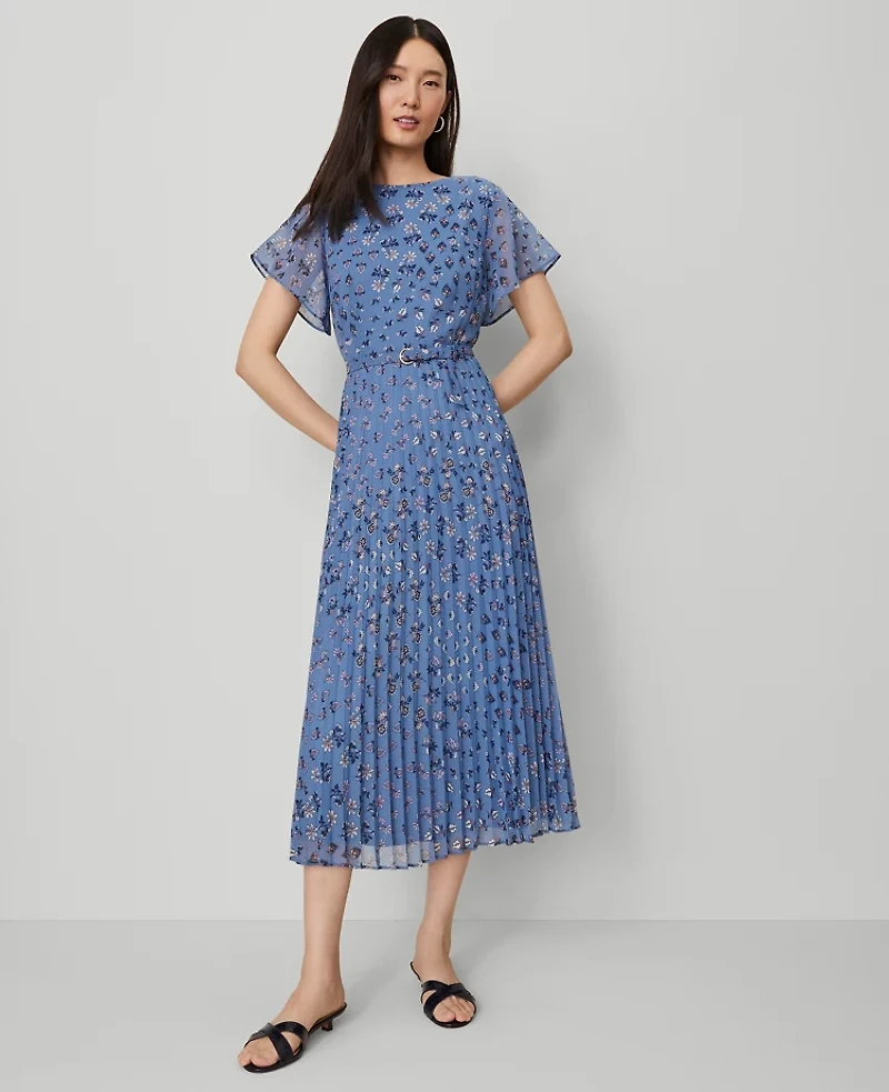 Ann Taylor Petite Floral Pleated Midi Dress Cool Cascades Women's