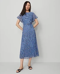 Ann Taylor Petite Floral Pleated Midi Dress Cool Cascades Women's