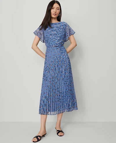 Ann Taylor Petite Floral Pleated Midi Dress Cool Cascades Women's