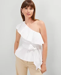 Ann Taylor Petite One-Shoulder Tie Waist Blouse White Women's