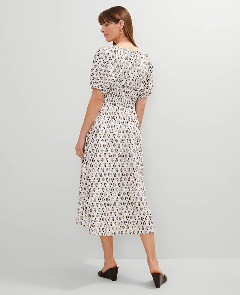Ann Taylor Floral Smocked Puff Sleeve Midi Dress Winter White Women's