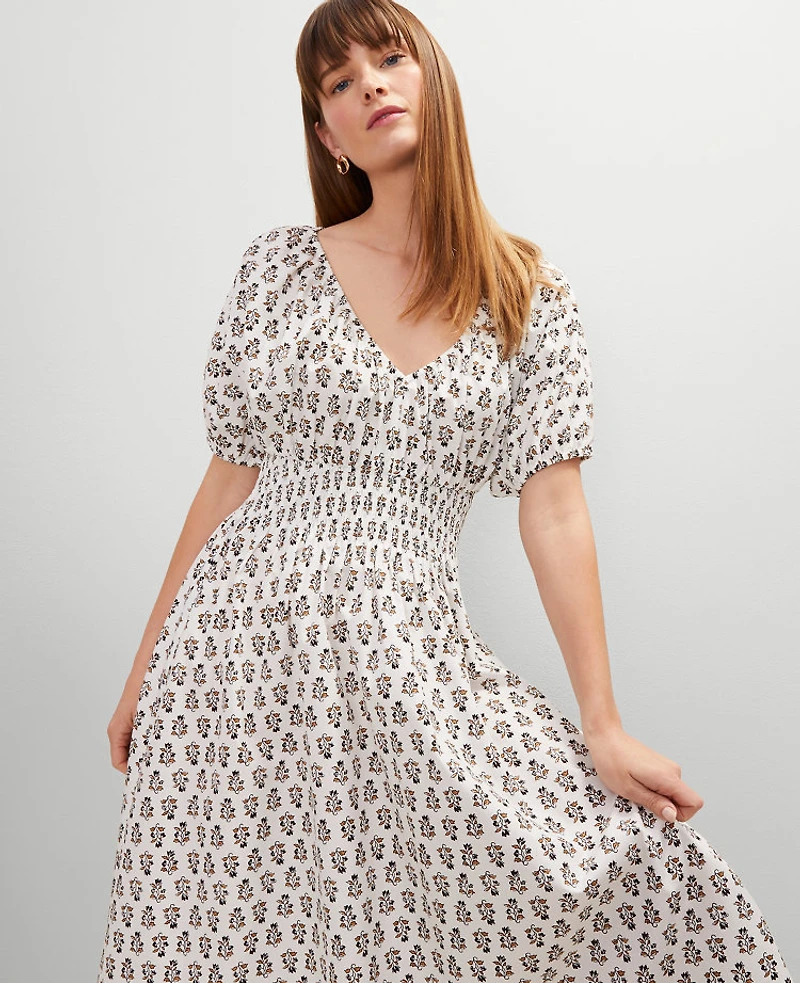 Ann Taylor Floral Smocked Puff Sleeve Midi Dress Winter White Women's