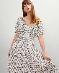 Ann Taylor Floral Smocked Puff Sleeve Midi Dress Winter White Women's